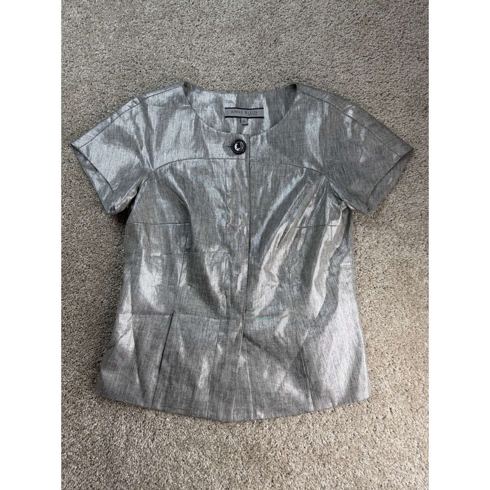 Anne Klein Suit Jacket Womens 8 Silver Linen Lined Short Sleeve Workwear Office